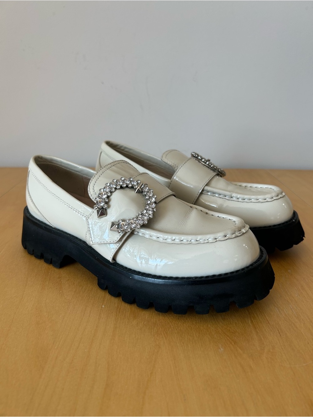 Jeffrey Campbell Recess-O Cream Patent  Loafers w/ Rhinestone Buckle, Sz